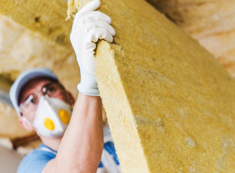 worker installing some insulation materials on a ceiling